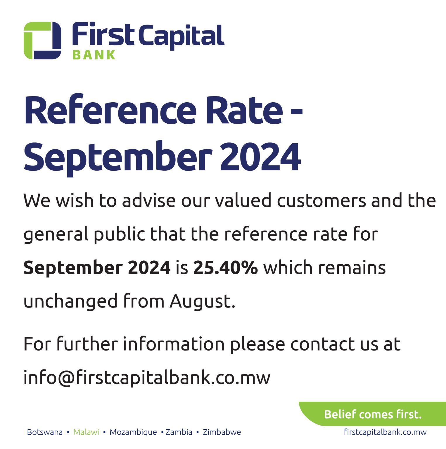 The reference rate for September is 25.40%, which is unchanged from August.